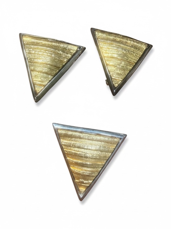 Jewelry - Vintage 1980s Art Deco Revival Triangle Brooch & Clip Earrings Gold Silver